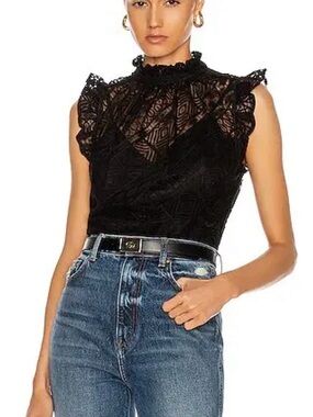 Frame Black Lace Geometric Sleeveless Ruffle Top In Black